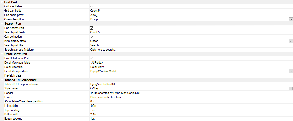 The Flying Start Genie Global Properties. These properties affect what options and features will be created for the generated Grid components and Tabbed UI.